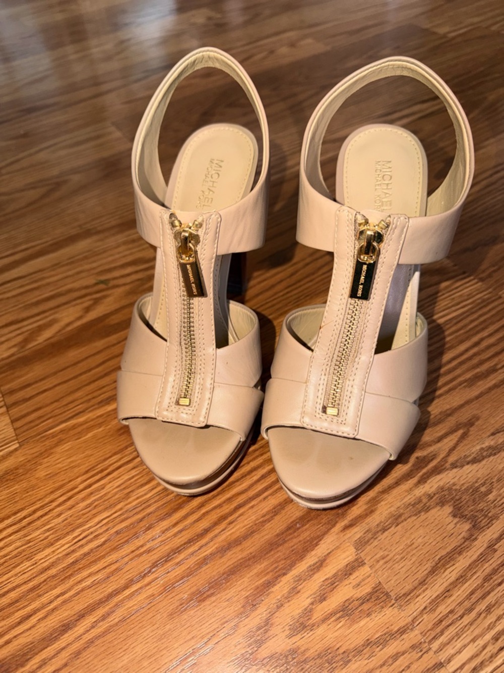MICHAEL Michael Kors Nude Leather Zip-Front Slingback Heels